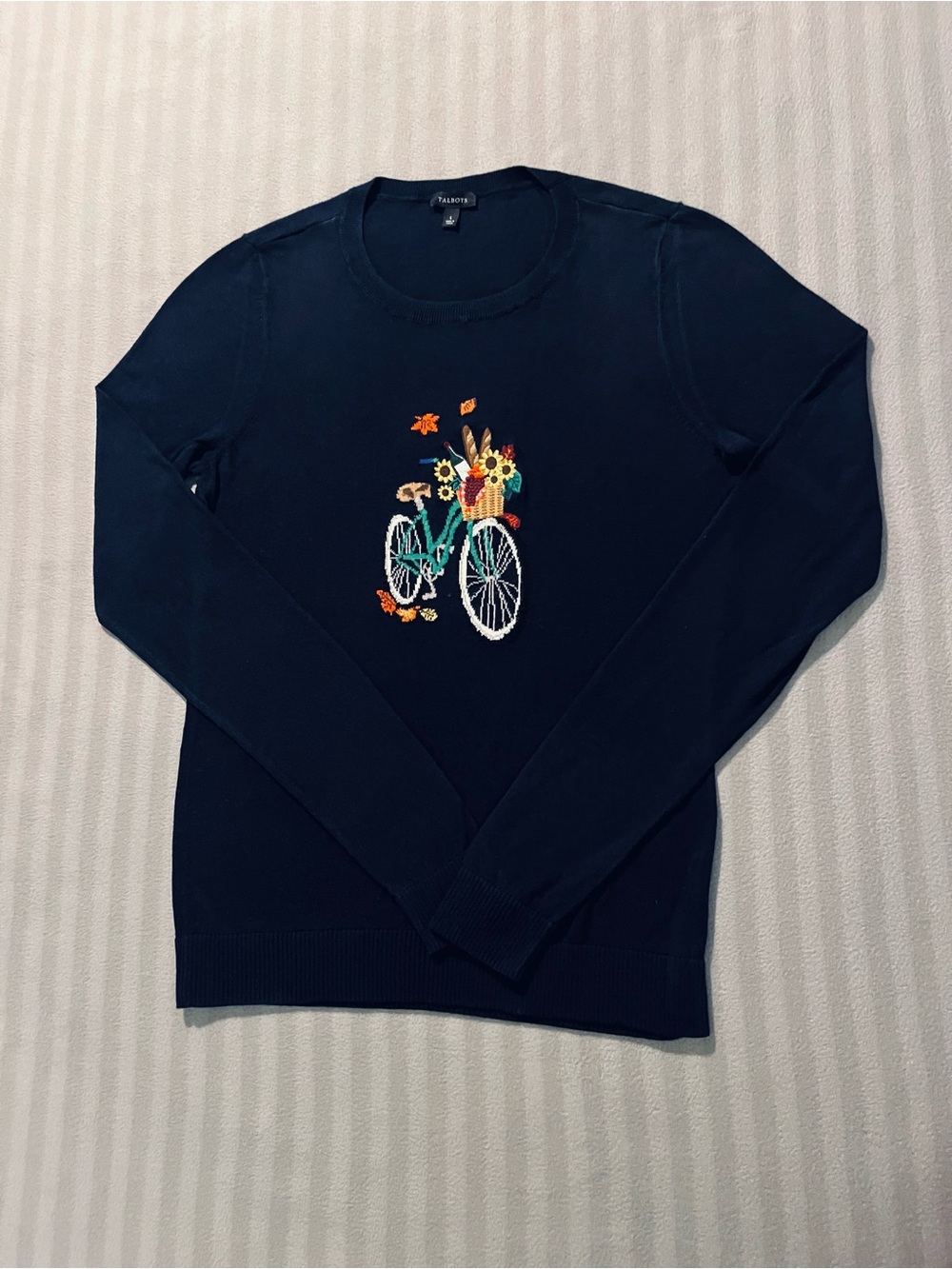 Talbots women’s S Navy Crewneck Sweater with Multicolor Bicycle Embroidery